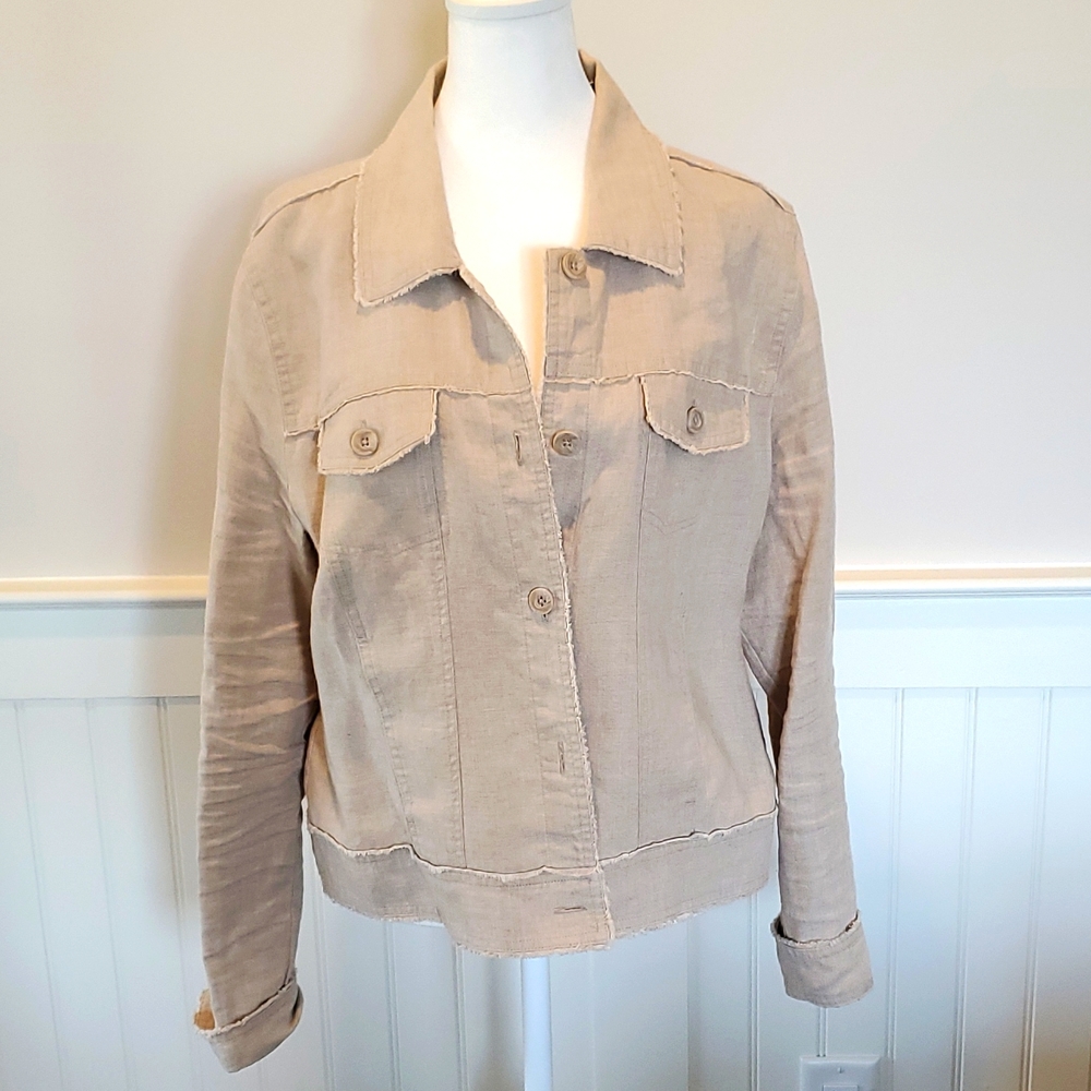 Two Palms raw edge linen jacket.